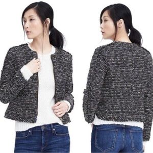 Banana Republic navy tweed fringe boucle zip jacket